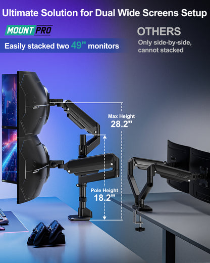MOUNT PRO Dual Monitor Arm for Max 49" Ultrawide Screens up to 44 lbs, Heavy Duty Extra Tall Monitor Desk Mount, Vertical Stacked Adjustable Dual Monitor Mount, VESA Mount 75x75mm/100x100mm