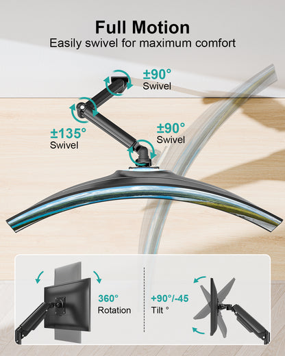 MOUNT PRO Monitor Wall Mount for 22"-49" Ultrawide Flat & Curved Screens, Heavy Duty Single Wall Mount Monitor Arm Holds up to 44 lbs, Full Motion Adjustable Wall Bracket, VESA Mount 75x75mm/100x100mm