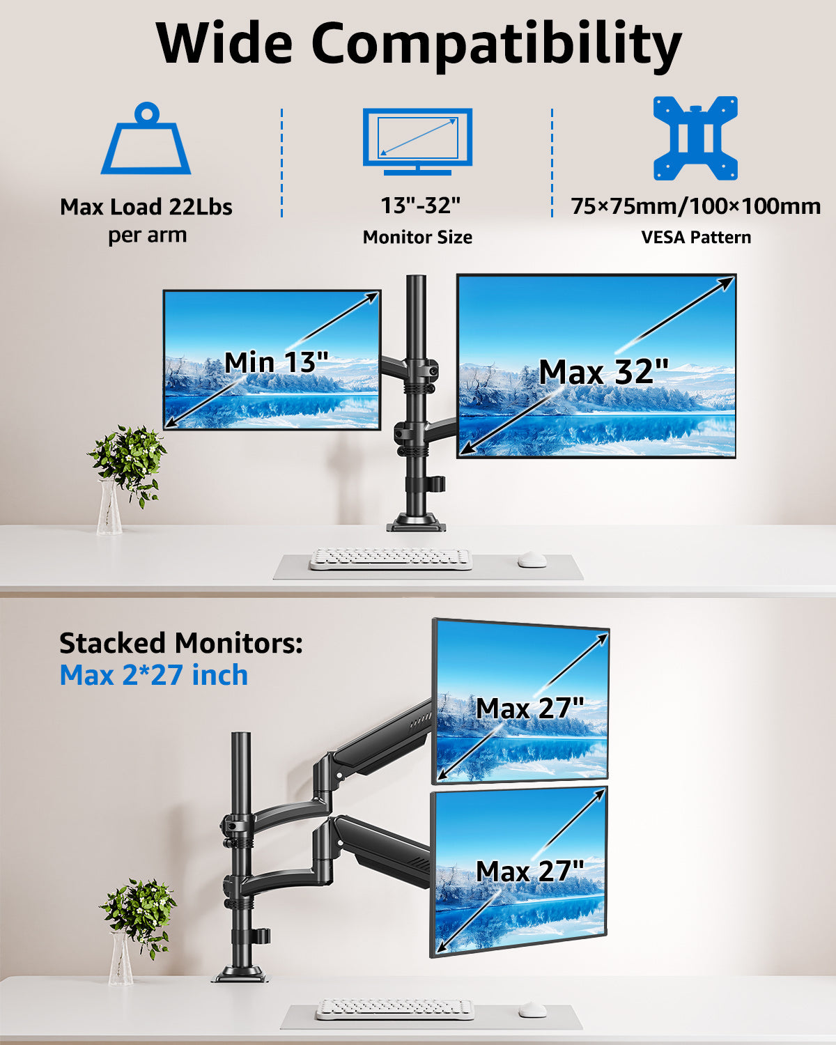 MOUNT PRO Dual Monitor Stand, Dual Monitor Mount Height up to 26.6 inch, Gas Spring Monitors Arm for 13-32 inch Computer, VESA Mount with C-clamp & Grommet Mounting, Holds Max 22 lbs Each