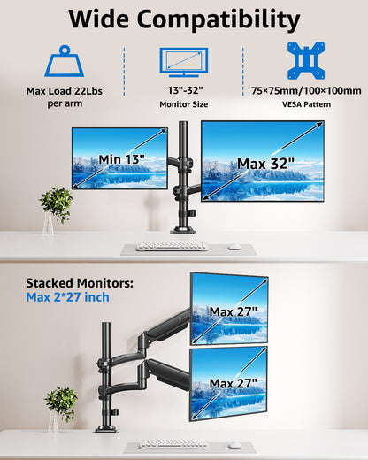MOUNT PRO Dual Monitor Stand, Dual Monitor Mount Height up to 26.6 inch, Gas Spring Monitors Arm for 13-32 inch Computer, VESA Mount with C-clamp & Grommet Mounting, Holds Max 22 lbs Each