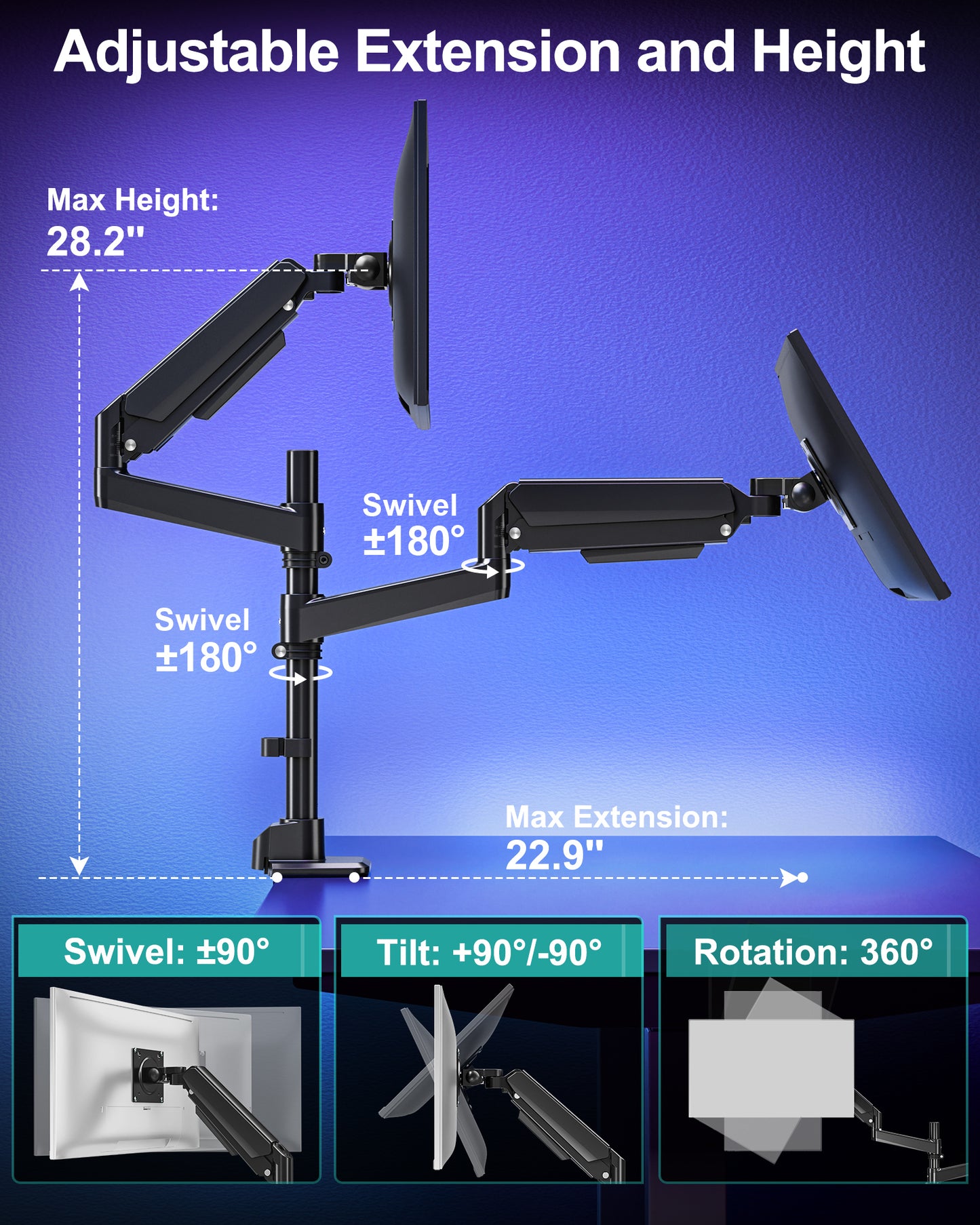 MOUNT PRO Dual Monitor Arm for Max 49" Ultrawide Screens up to 44 lbs, Heavy Duty Extra Tall Monitor Desk Mount, Vertical Stacked Adjustable Dual Monitor Mount, VESA Mount 75x75mm/100x100mm