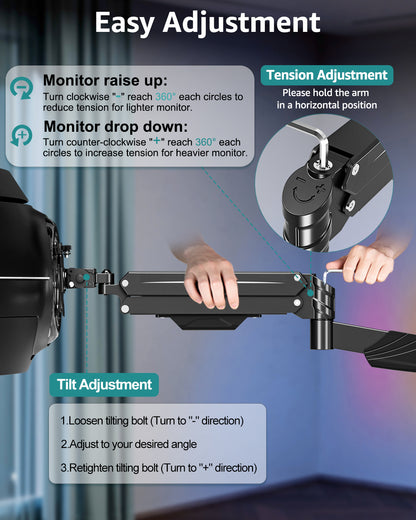 MOUNT PRO Monitor Wall Mount for 17-43" Ultrawide Screens, Single Wall Mount Monitor Arm Holds up to 33.1 lbs,  Full Motion Adjustable Wall Bracket with VESA Extension Kit, Max VESA 200x200mm