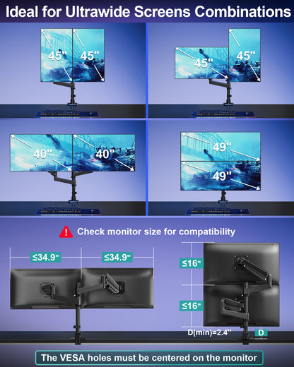 MOUNT PRO Dual Monitor Arm for Max 49" Ultrawide Screens up to 44 lbs, Heavy Duty Extra Tall Monitor Desk Mount, Vertical Stacked Adjustable Dual Monitor Mount, VESA Mount 75x75mm/100x100mm