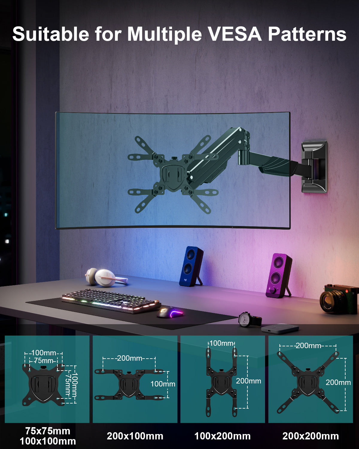 MOUNT PRO Monitor Wall Mount for 17-43" Ultrawide Screens, Single Wall Mount Monitor Arm Holds up to 33.1 lbs,  Full Motion Adjustable Wall Bracket with VESA Extension Kit, Max VESA 200x200mm
