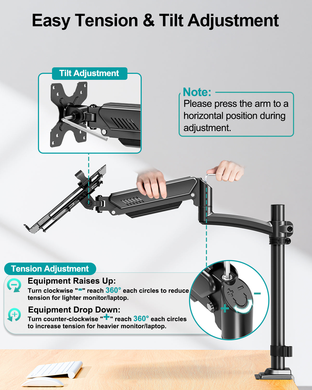 MOUNT PRO Laptop Arm Desk Mount, Single Monitor Stand with VESA Laptop Tray, Adjustable Lap Top Holder for Max 22lbs 17" Notebook & 32" Computer Screen, Swivel Notebook Bracket, Clamp on/Grommet Base