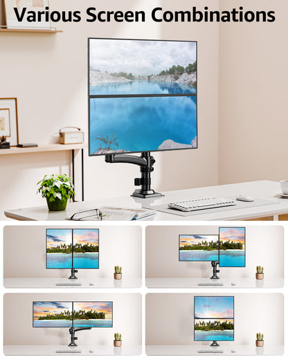 MOUNT PRO Dual Monitor Stand, Dual Monitor Mount Height up to 26.6 inch, Gas Spring Monitors Arm for 13-32 inch Computer, VESA Mount with C-clamp & Grommet Mounting, Holds Max 22 lbs Each