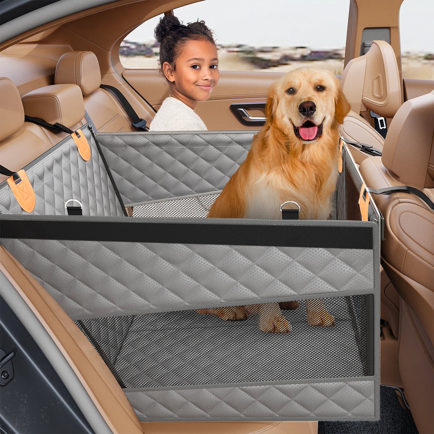 PETICON Large Dog Car Seat, Back Seat Extender for Dogs with 3 Mesh Windows, Waterproof Medium Carseat for Dogs with Hard Bottom, Pet Seat Cover for Cars, Trucks and SUVs (Gray)