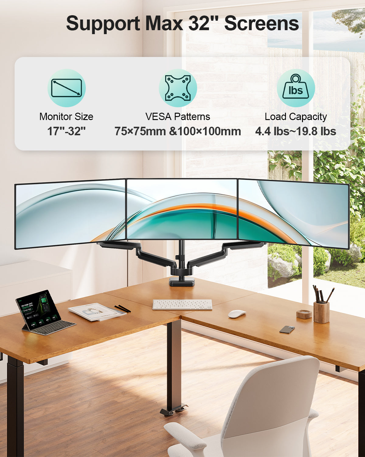 MOUNT PRO Triple Monitor Mount for Max 32" Screens, Up to 19.8lbs Each Adjustable 3 Monitor Desk Mount with Swivel, Tilt, Rotation, Full Motion Gas Spring Heavy Duty Arm, VESA 75x75/100x100mm