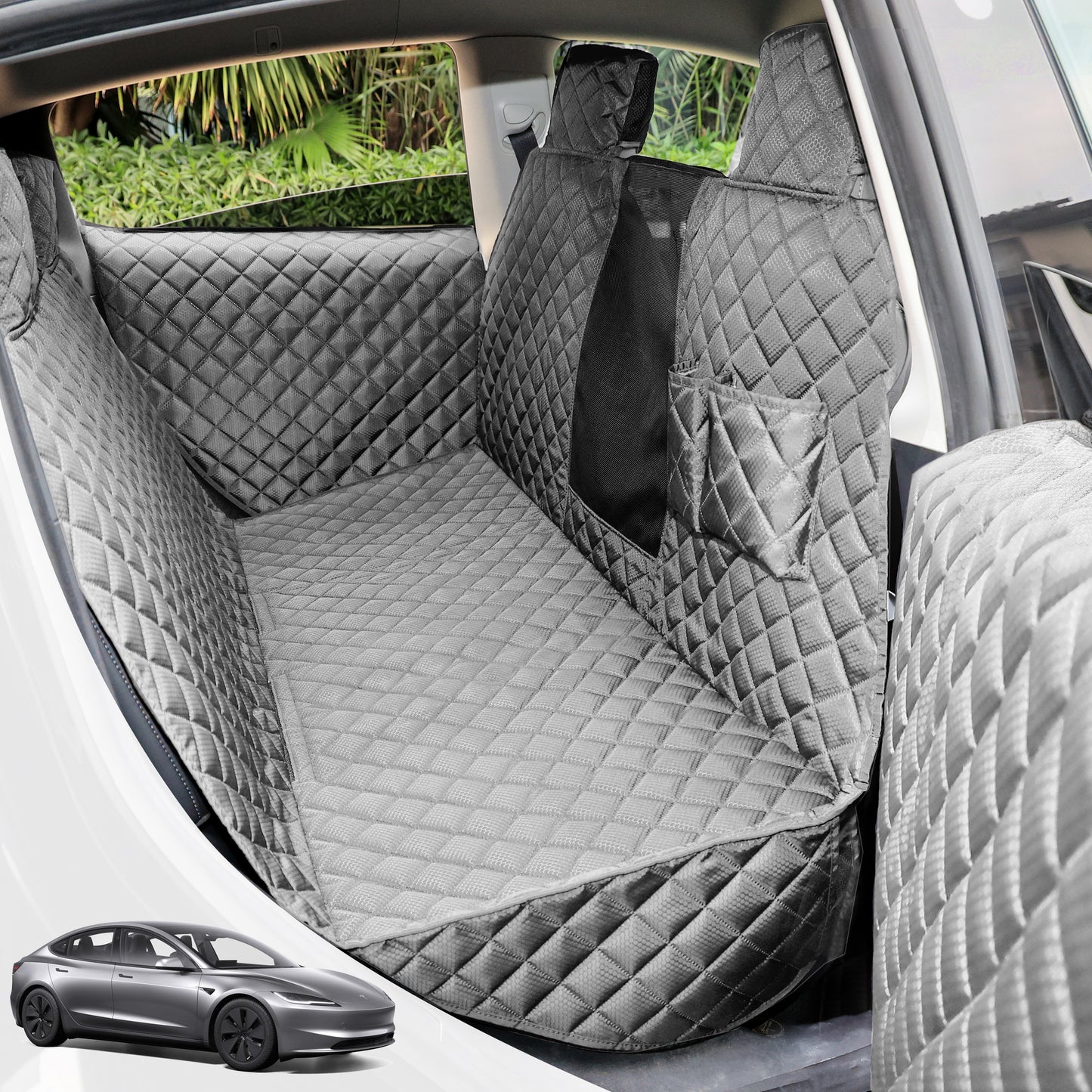 PETICON Dog Seat Covers for Tesla Model 3 & Y Back Seat with 2 Pack Door Protectors, 100% Waterproof Dog Hammock for Tesla with Mesh Window & Headrest Protection Prevents Scratches and Scuffs (Gray)