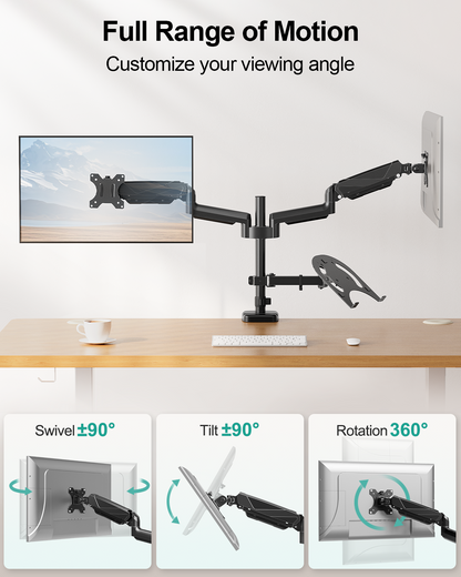 MOUNT PRO Monitor and Laptop Mount for 2 Max 27" Computer Screens, Laptop Tray Fits 10-17inch Notebook, 3-in-1 Adjustable Laptop and Monitor Desk Mount with VESA Bracket 75/100mm