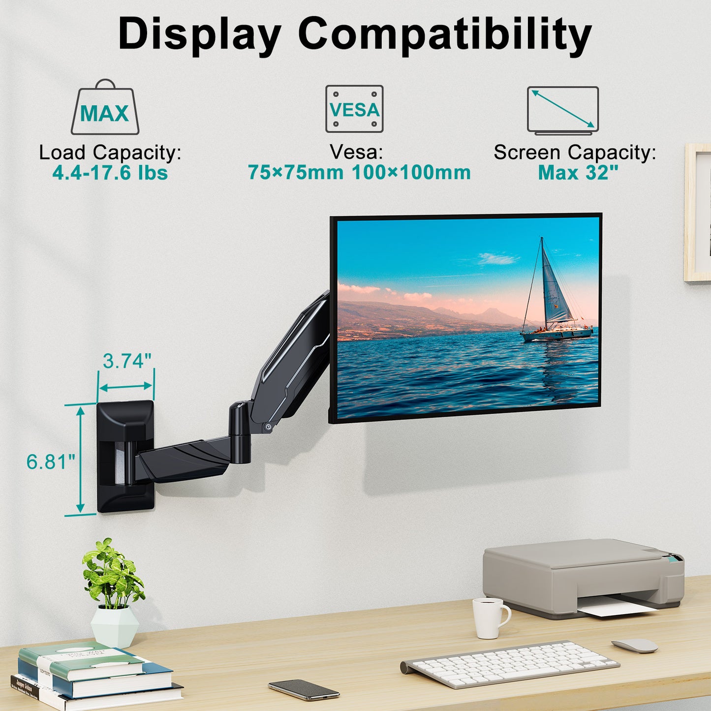 MOUNT PRO Monitor Wall Mount for 13 to 32 Inch Computer Screens, Single Monitor Arm with Tilt/Swivel/Rotation Adjustable, Gas Spring Wall Monitor Mount Holds up to 17.6lbs, Vesa Wall Mount 100x100