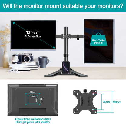 MOUNT PRO Dual Monitor Stand - Free Standing Full Motion Monitor Desk Mount Fits 2 Screens up to 27 inches,17.6lbs with Height Adjustable, Swivel, Tilt, Rotation, VESA 75x75 100x100