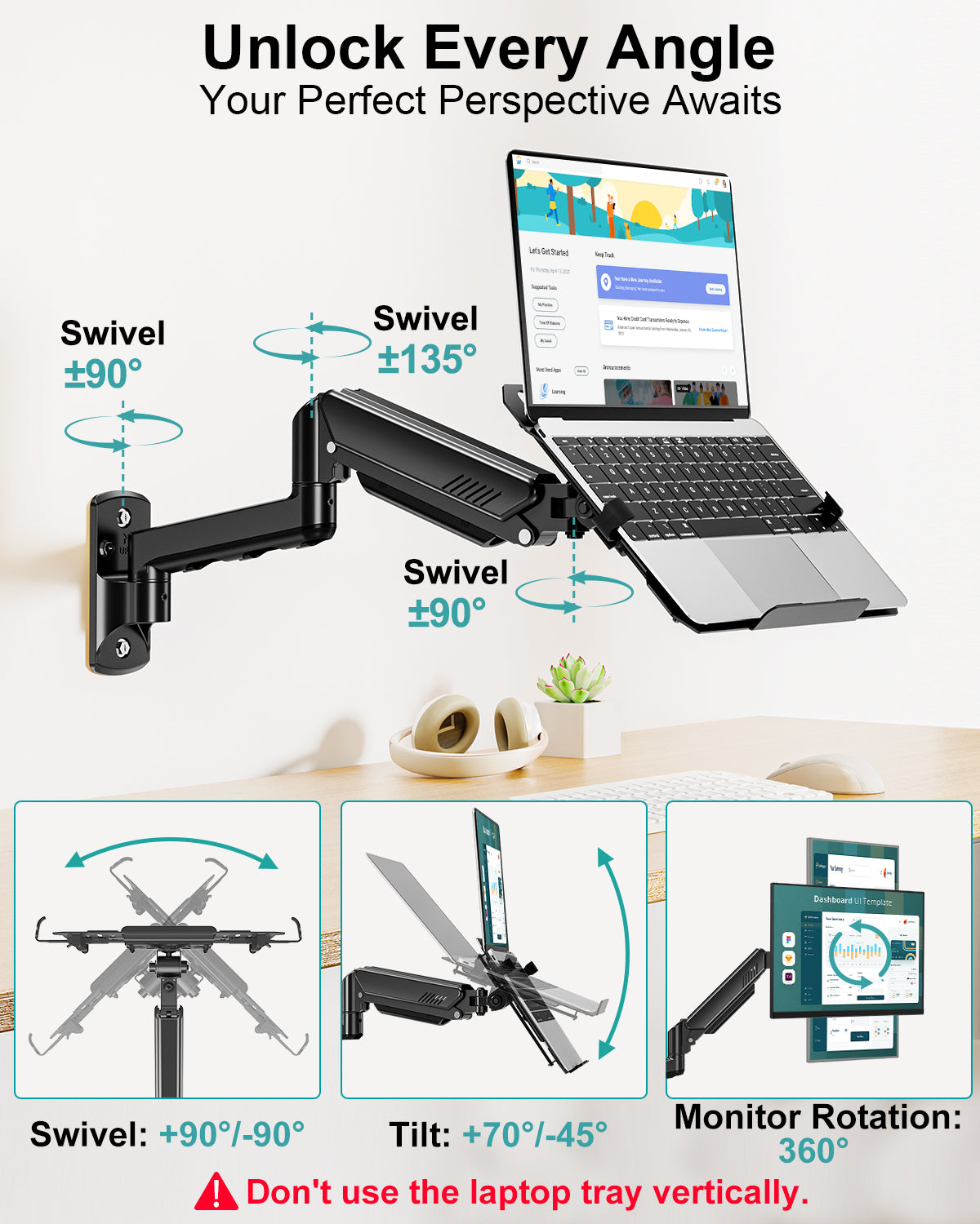 MOUNT PRO Laptop Wall Mount, 2-in-1 Monitor Wall Mount with Vented Tray for 12-17" Notebook/13-32" Computer Screen, Full Motion Adjustable Laptop Holder Stand, Gas Spring Laptop Arm Holds 4.4-22 lbs