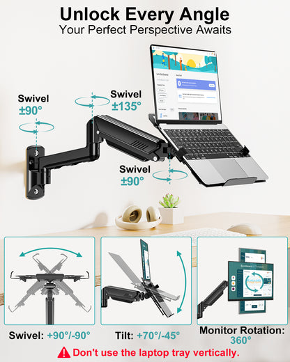 MOUNT PRO Laptop Wall Mount, 2-in-1 Monitor Wall Mount with Vented Tray for 12-17" Notebook/13-32" Computer Screen, Full Motion Adjustable Laptop Holder Stand, Gas Spring Laptop Arm Holds 4.4-22 lbs