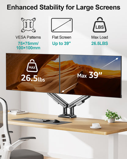 MOUNT PRO Dual Monitor Desk Mount, Pneumatic Monitor Arms for 2 Monitors Max 39 Inches, Adjustable Dual Computer Monitor Stand Each Arm Holds up to 26.5lbs, VESA Mount with C Clamp & Grommet Base