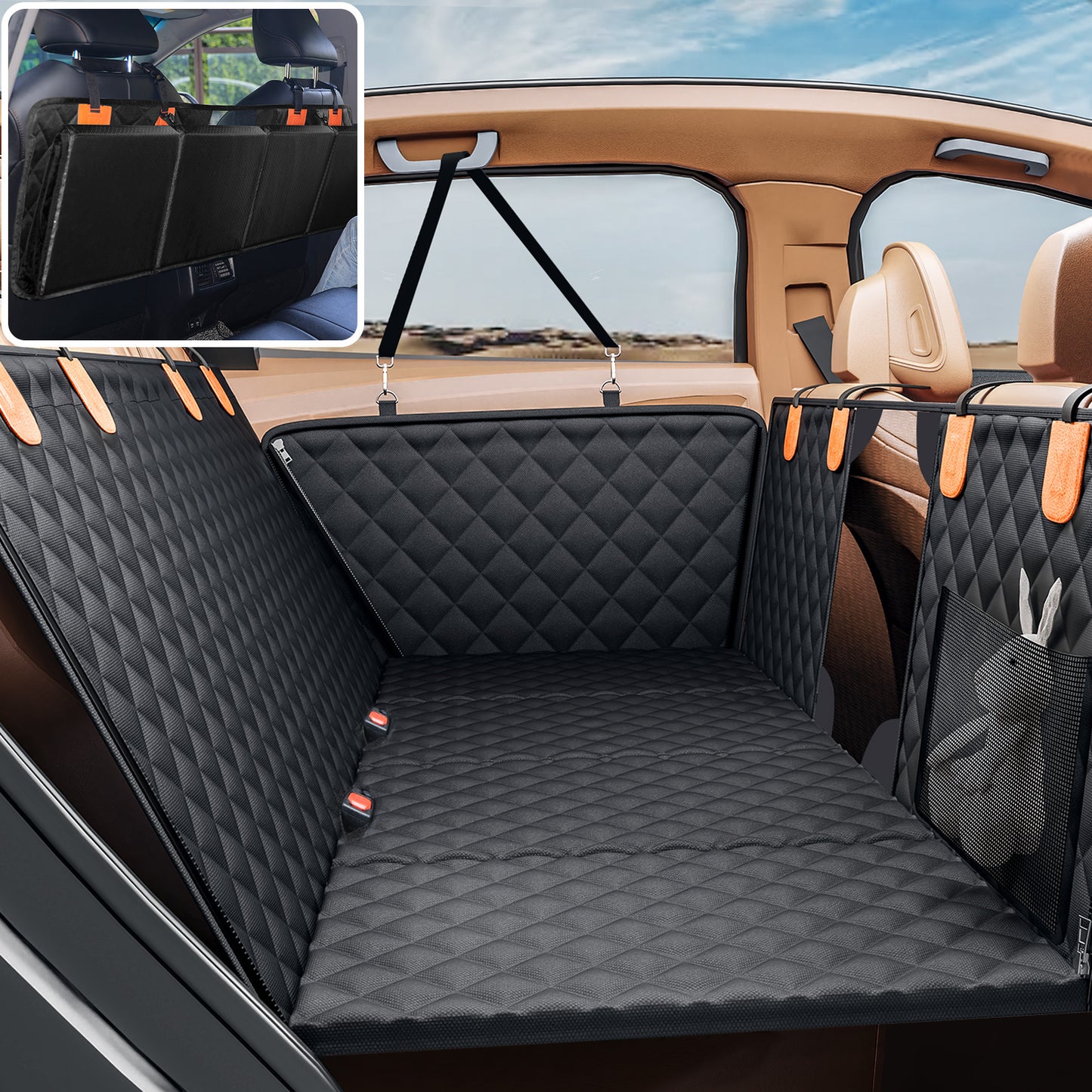 Back Seat Extender for Dogs, Hard Bottom Dog Car Seat Cover - Supports 400lbs, Rear Seat Pet Cover with Mesh Window, Waterproof Dog Hammock for Car SUV and Trucks