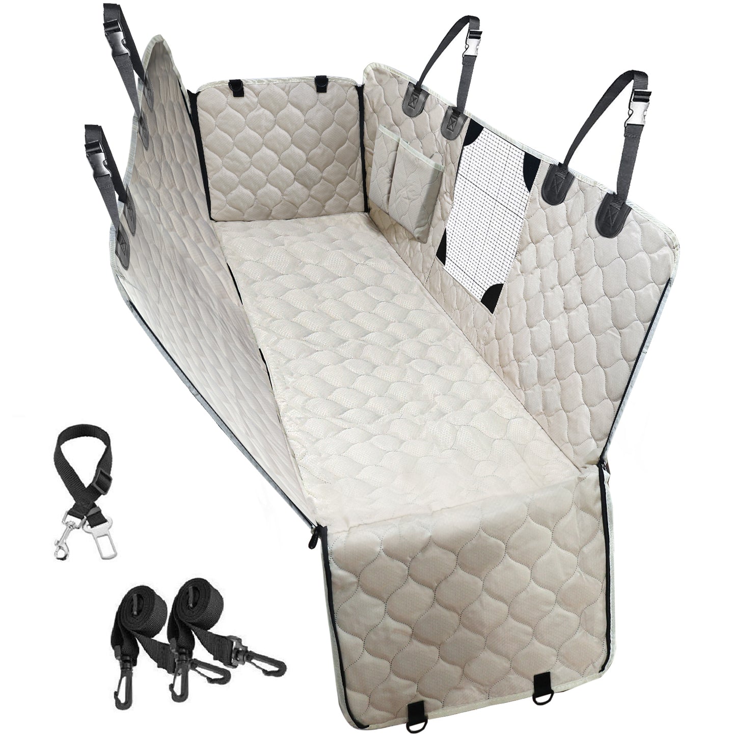 PETICON Dog Car Seat Cover with Mesh Window, 100% Waterproof Pet Seat Cover for Back Seat, Scratchproof Dog Hammock for Cars, Trucks, SUVs, Jeeps, Beige