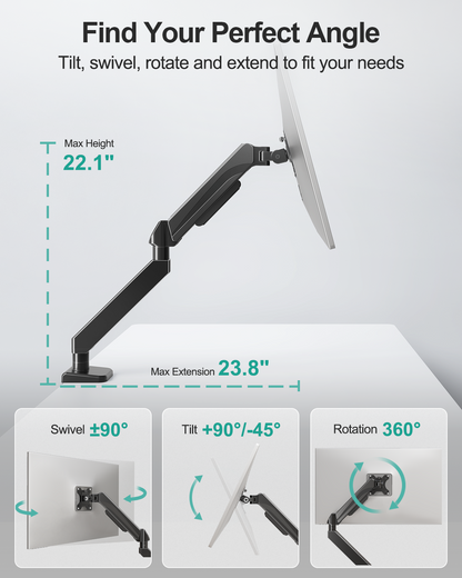 MOUNT PRO Ultrawide Single Monitor Arm for 22"- 42" Screens, Monitor Desk Mount Stand Holds 4.4-33 lbs, Heavy Duty Height Adjustable Vesa Mount, with C Clamp & Grommet Base