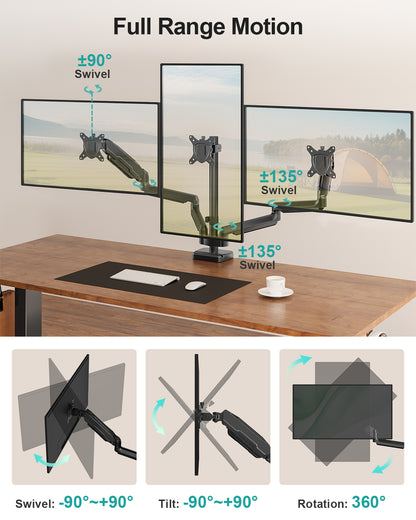 MOUNT PRO Triple Monitor Mount for Max 32" Screens, Up to 19.8lbs Each Adjustable 3 Monitor Desk Mount with Swivel, Tilt, Rotation, Full Motion Gas Spring Heavy Duty Arm, VESA 75x75/100x100mm