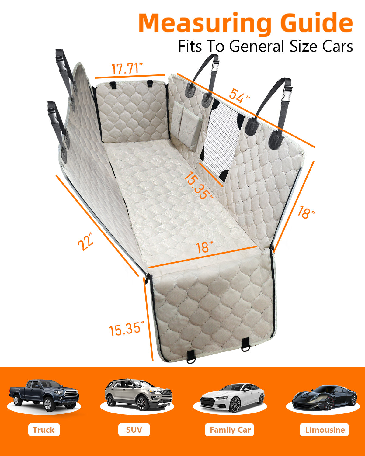 PETICON Dog Car Seat Cover with Mesh Window, 100% Waterproof Pet Seat Cover for Back Seat, Scratchproof Dog Hammock for Cars, Trucks, SUVs, Jeeps, Beige