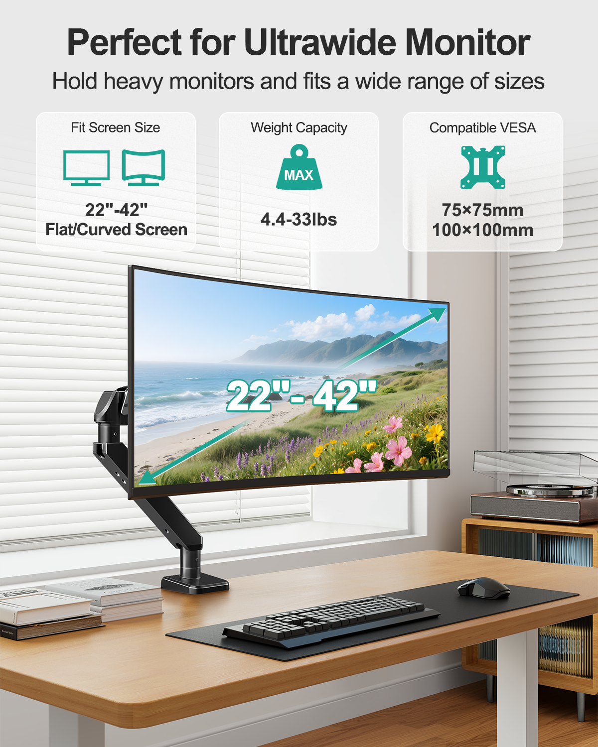MOUNT PRO Ultrawide Single Monitor Arm for 22"- 42" Screens, Monitor Desk Mount Stand Holds 4.4-33 lbs, Heavy Duty Height Adjustable Vesa Mount, with C Clamp & Grommet Base