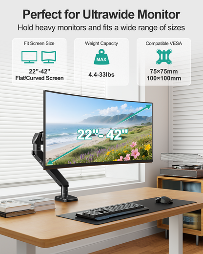 MOUNT PRO Ultrawide Single Monitor Arm for 22"- 42" Screens, Monitor Desk Mount Stand Holds 4.4-33 lbs, Heavy Duty Height Adjustable Vesa Mount, with C Clamp & Grommet Base