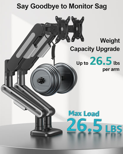 MOUNT PRO Dual Monitor Desk Mount, Pneumatic Monitor Arms for 2 Monitors Max 39 Inches, Adjustable Dual Computer Monitor Stand Each Arm Holds up to 26.5lbs, VESA Mount with C Clamp & Grommet Base