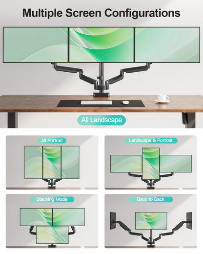 MOUNT PRO Triple Monitor Mount for Max 32" Screens, Up to 19.8lbs Each Adjustable 3 Monitor Desk Mount with Swivel, Tilt, Rotation, Full Motion Gas Spring Heavy Duty Arm, VESA 75x75/100x100mm