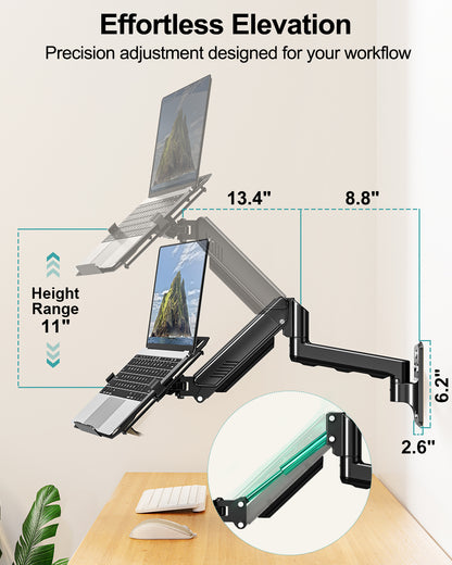 MOUNT PRO Laptop Wall Mount, 2-in-1 Monitor Wall Mount with Vented Tray for 12-17" Notebook/13-32" Computer Screen, Full Motion Adjustable Laptop Holder Stand, Gas Spring Laptop Arm Holds 4.4-22 lbs