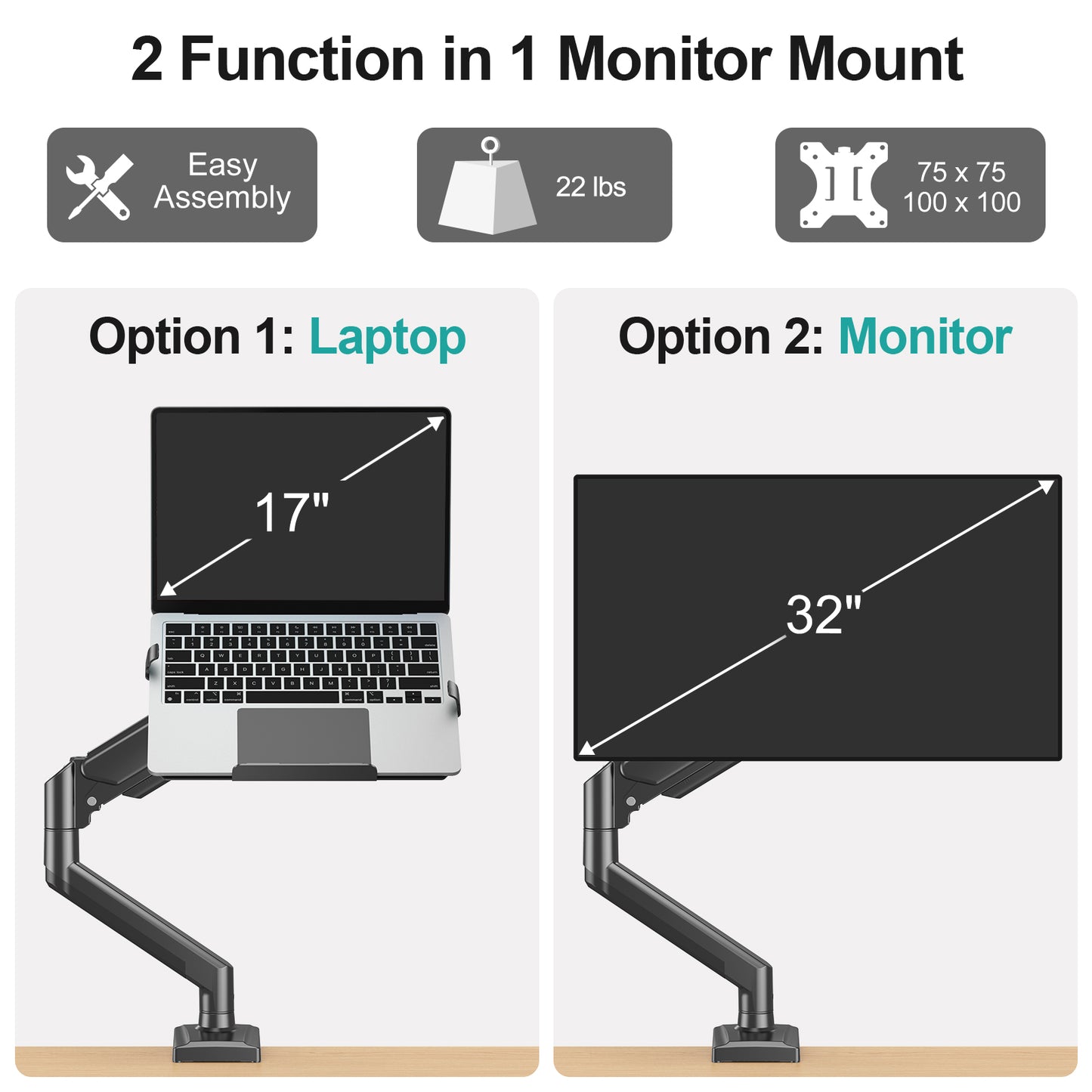 MOUNT PRO Laptop Arm Mount for Desk, 2 in 1 Function Monitor Laptop Stand, Fits Max 17" Notebook and 32" Computer Screen, Aluminum Single Monitor Holder with Adjustable Tray, Holds up to 22lbs