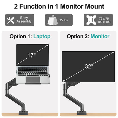 MOUNT PRO Laptop Arm Mount for Desk, 2 in 1 Function Monitor Laptop Stand, Fits Max 17" Notebook and 32" Computer Screen, Aluminum Single Monitor Holder with Adjustable Tray, Holds up to 22lbs