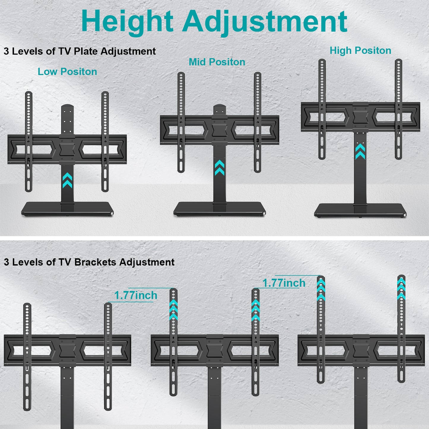 Universal TV Stand, Swivel TV Stand Base Fits Most 37 to 70 Inch LCD LED Screens, 9 Levels Height Adjustable Table Top TV Stand with Tempered Glass Base, Holds up to 88lbs, Max VESA 600x400mm