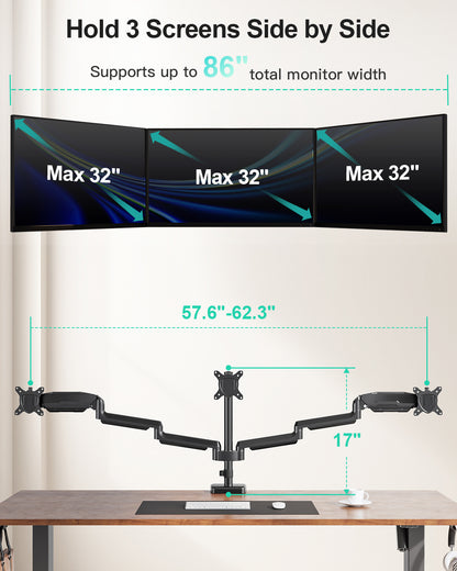 MOUNT PRO Triple Monitor Mount for Max 32" Screens, Up to 19.8lbs Each Adjustable 3 Monitor Desk Mount with Swivel, Tilt, Rotation, Full Motion Gas Spring Heavy Duty Arm, VESA 75x75/100x100mm