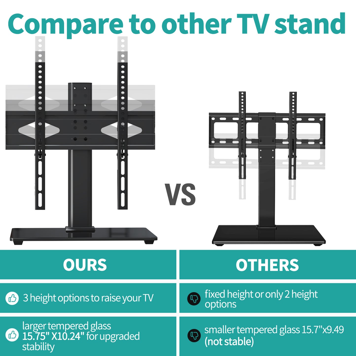 MOUNT PRO Universal TV Stand with Swivel Mount for 37-50 inch TVs Flat Screens, 5 Level Height Adjustable Tempered Glass Base Holds up to 88 lbs
