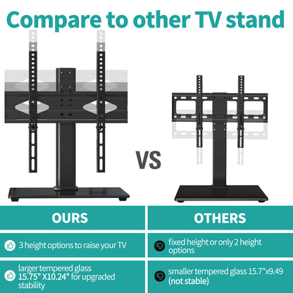 MOUNT PRO Universal TV Stand with Swivel Mount for 37-50 inch TVs Flat Screens, 5 Level Height Adjustable Tempered Glass Base Holds up to 88 lbs