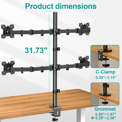 MOUNT PRO 4 Monitor Mount for Max 32" Computer Screens, Up to 17.6lbs Each Quad Monitor Stand for Desk, Fully Adjustable Stacked 4 Desk Arm with Tilt, Swivel, Rotation, VESA 75x75/100x100mm