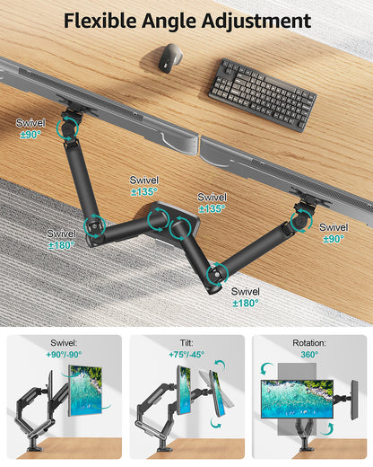 MOUNT PRO Dual Monitor Desk Mount, Pneumatic Monitor Arms for 2 Monitors Max 39 Inches, Adjustable Dual Computer Monitor Stand Each Arm Holds up to 26.5lbs, VESA Mount with C Clamp & Grommet Base