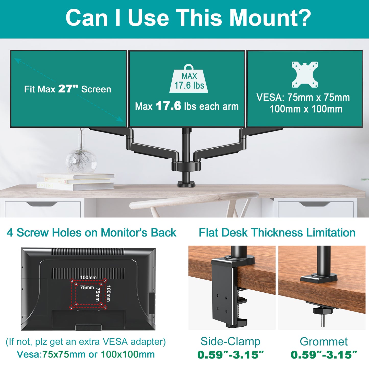 MOUNT PRO Triple Monitor Desk Mount - Articulating Gas Spring Monitor Arm, Removable VESA Mount Desk Stand with Clamp and Grommet Base - Fits 13 to 27 Inch LCD Computer Monitors, VESA 75x75, 100x100