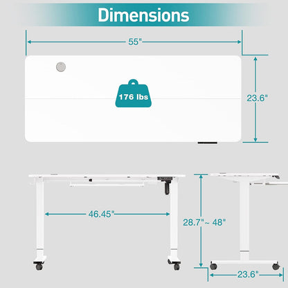WOKA Electric Standing Desk with Keyboard Tray, 55" x 24" Stand Up Desk, Height Adjustable Sit Stand Desk with Memory Controller for Home Office, Motorized Desk with Splice Board, White