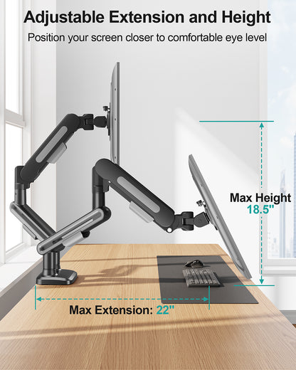 MOUNT PRO Dual Monitor Desk Mount, Pneumatic Monitor Arms for 2 Monitors Max 39 Inches, Adjustable Dual Computer Monitor Stand Each Arm Holds up to 26.5lbs, VESA Mount with C Clamp & Grommet Base