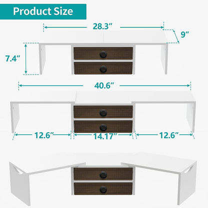 Zimilar Dual Monitor Stand Riser with 2 Drawers, Wood Monitor Riser for 2 Monitors, Length and Angle Adjustable Monitor Stand with Storage, Desktop Organizer Stand for Computer,Laptop,Printer