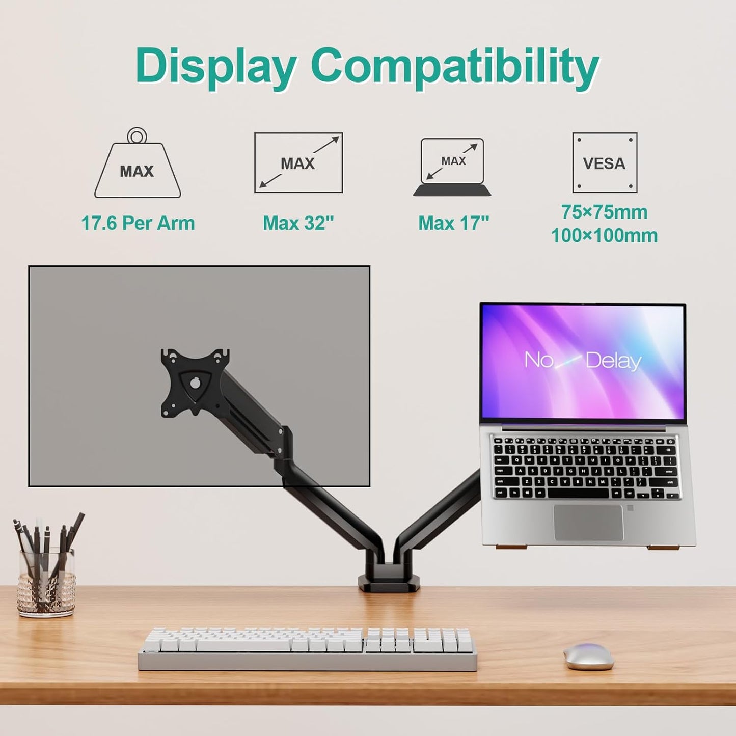 MOUNT PRO Monitor and Laptop Mount Fits Max 17" Notebook and 32" Computer Screen, Adjustable Laptop and Monitor Stand for Desk, VESA Monitor Mount with Laptop Tray, Each Arm Holds up to 17.6lbs