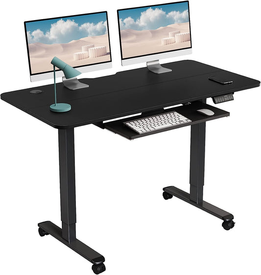WOKA Electric Standing Desk Adjustable Height 48x24 in with Memory Controller, Ergonomic Motorized Standing Desk with Keyboard Tray, Rising Desk for Home Office Sit Stand Desk