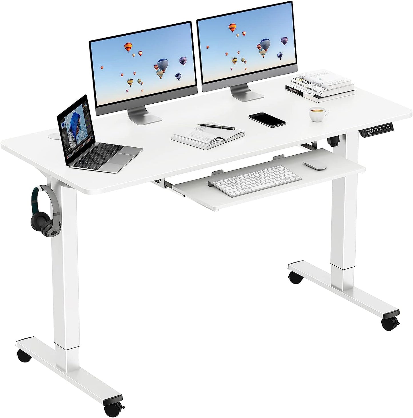 WOKA Electric Standing Desk with Keyboard Tray, 55" x 24" Stand Up Desk, Height Adjustable Sit Stand Desk with Memory Controller for Home Office, Motorized Desk with Splice Board, White