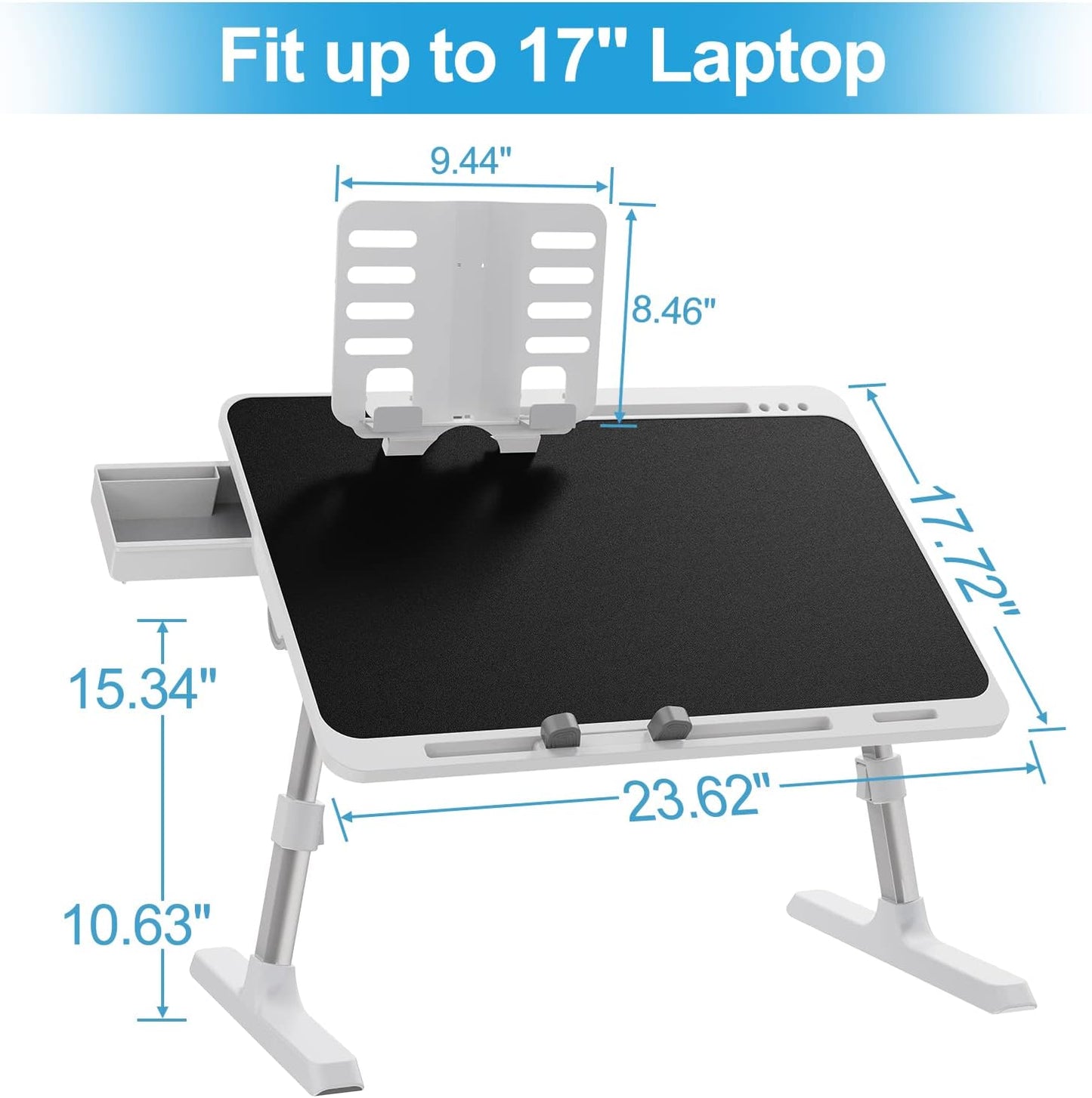 WOKA Laptop Desk for Bed, Extra Large Adjustable Lap Desk, Foldable Laptop Bed Tray Table with Storage Drawer, Portable Lap Desk with Stopper, Book Stand for Drawing, Writing, Working, Black