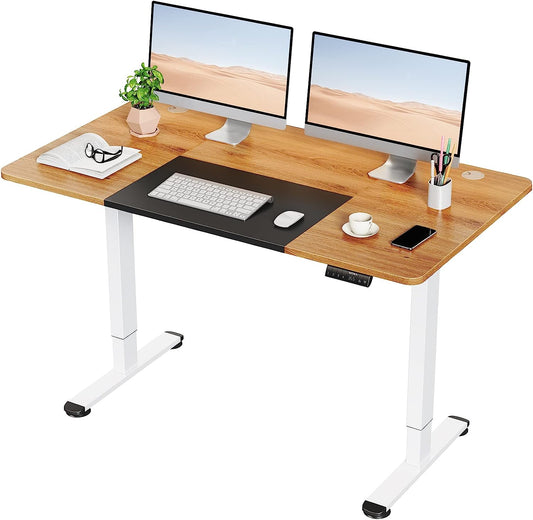 WOKA 55 x 28 Inch Electric Standing Desk, Height Adjustable Stand Up Desk, Sit Stand Desk with Memory Controllers, Adjustable Desk for Home Office with Black and Deep Oak Top and White Frame
