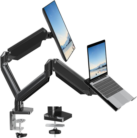MOUNT PRO Monitor and Laptop Mount Fits Max 17" Notebook and 32" Computer Screen, Adjustable Laptop and Monitor Stand for Desk, VESA Monitor Mount with Laptop Tray, Each Arm Holds up to 17.6lbs