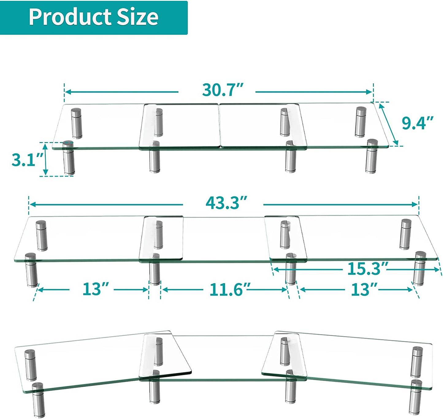 Zimilar Dual Glass Monitor Stand Riser, 3-Shelf Tempered Glass Monitor Stand, Clear Monitor Riser for 2 Monitors, Adjustable Length& Angle Computer Monitor Riser for Computer, Laptop, PC