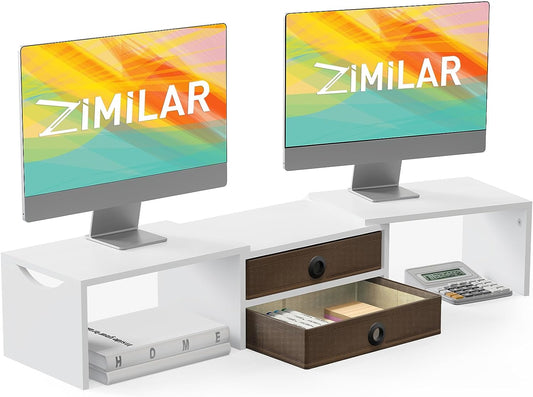 Zimilar Dual Monitor Stand Riser with 2 Drawers, Wood Monitor Riser for 2 Monitors, Length and Angle Adjustable Monitor Stand with Storage, Desktop Organizer Stand for Computer,Laptop,Printer