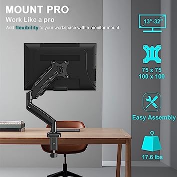 MOUNT PRO Single Monitor Desk Mount - Articulating Gas Spring Monitor Arm, Removable VESA Mount Desk Stand with Clamp and Grommet Base - Fits 13 to 32 Inch LCD Computer Monitors, VESA 75x75, 100x100